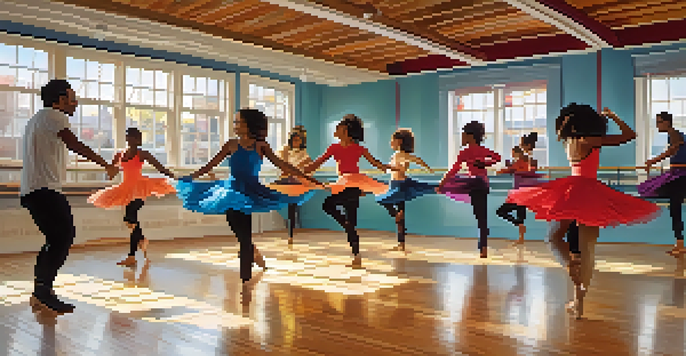 A lively dance studio with dancers of different ethnicities practicing improvisation, bathed in sunlight.