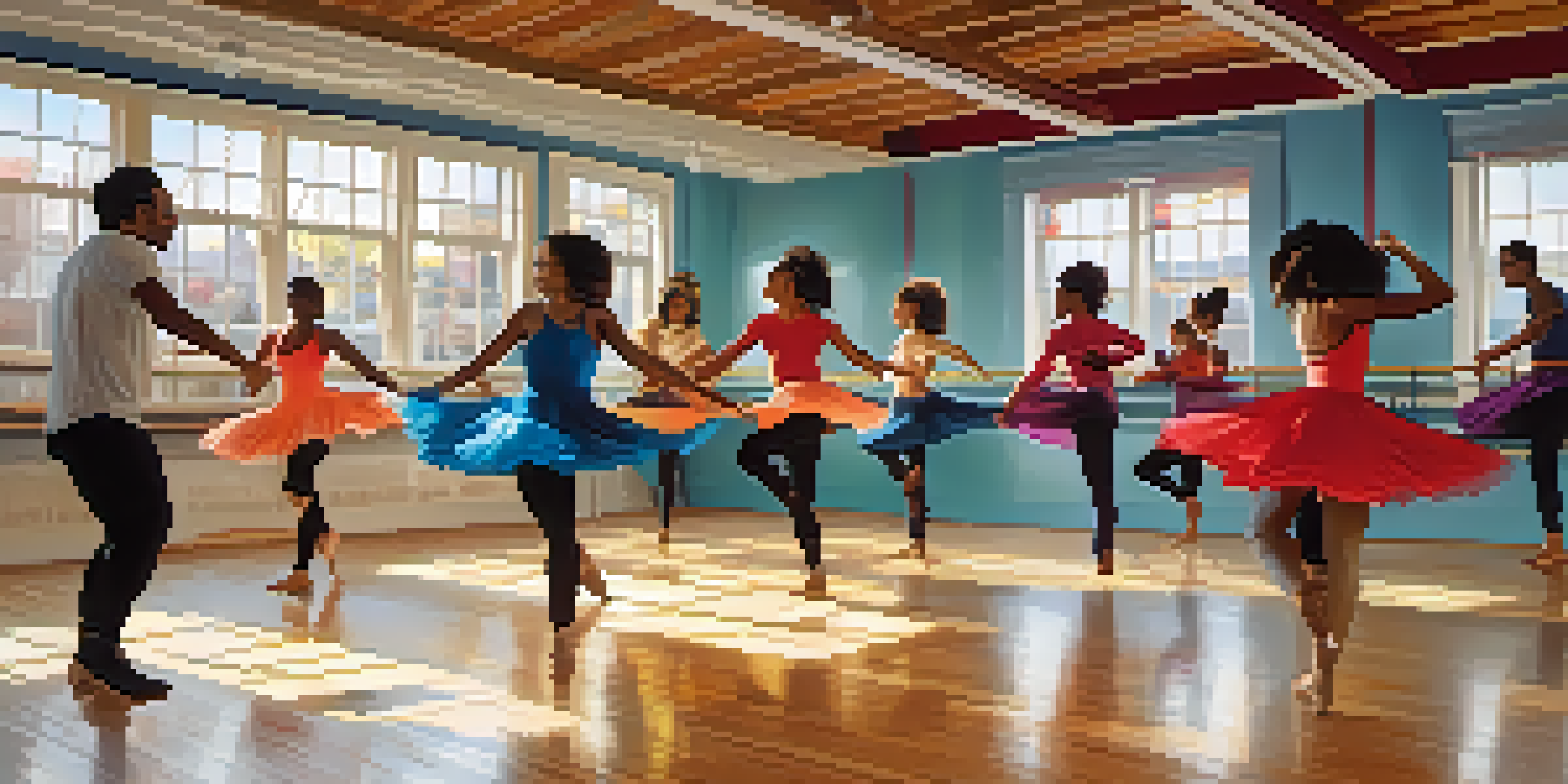 A lively dance studio with dancers of different ethnicities practicing improvisation, bathed in sunlight.