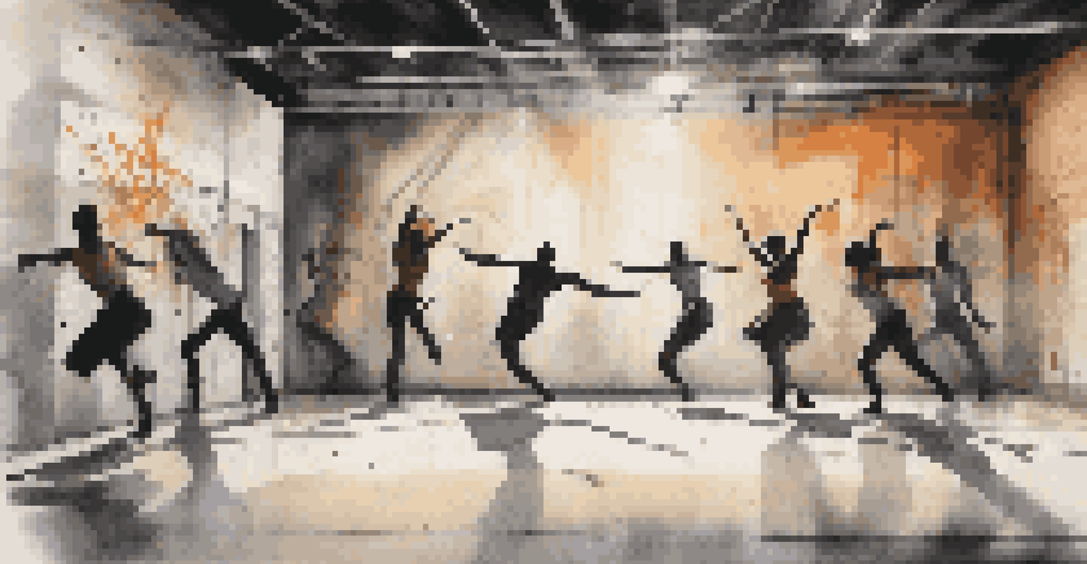 An industrial-themed dance theater set with graffiti art and dramatic lighting, featuring dancers expressing themes of urban life.