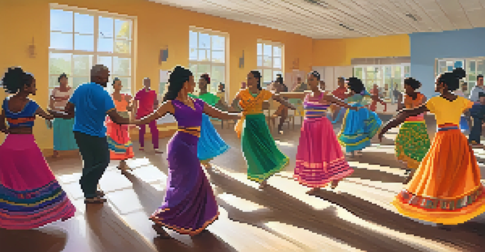 A colorful scene of a cultural dance workshop with participants dancing salsa in traditional attire, surrounded by cultural decorations and warm lighting.