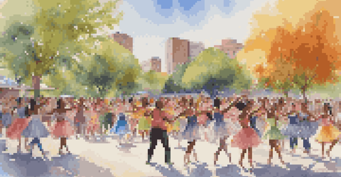 A lively outdoor dance performance in a park with diverse dancers and an engaged audience.