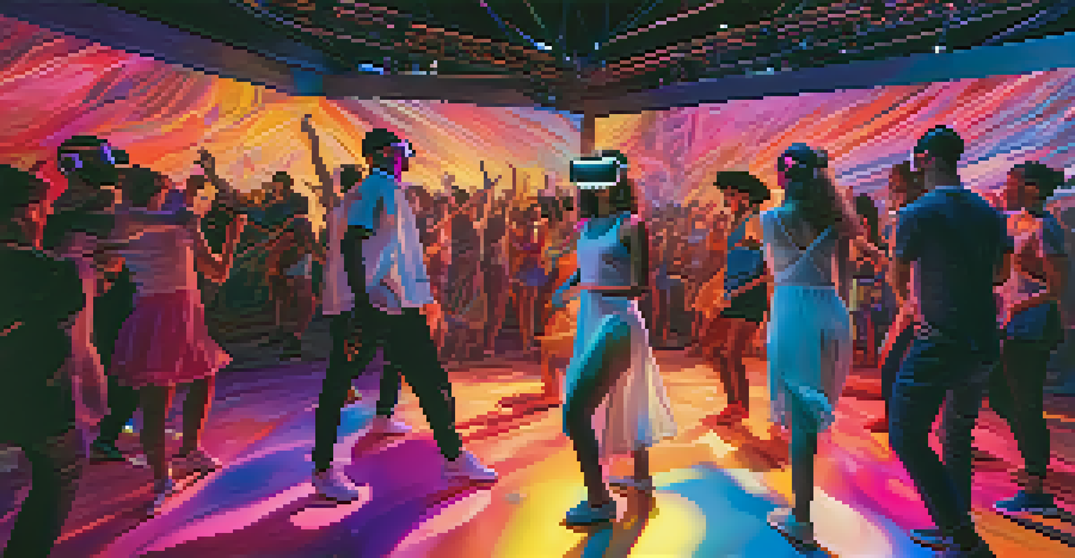 An audience interacting with dancers in a colorful, animated VR dance scene.