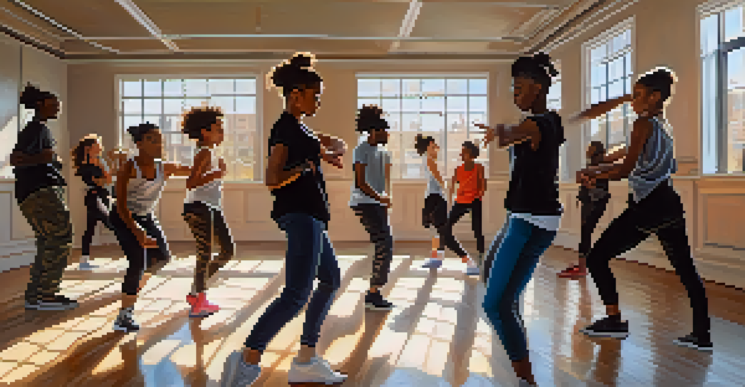 Young dancers of various backgrounds practicing hip-hop in a bright dance studio with mirrors, showcasing a sense of community and creativity.