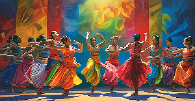 A contemporary dance performance with diverse dancers in colorful costumes, illuminated by vibrant stage lights, against a mural of global dance traditions.