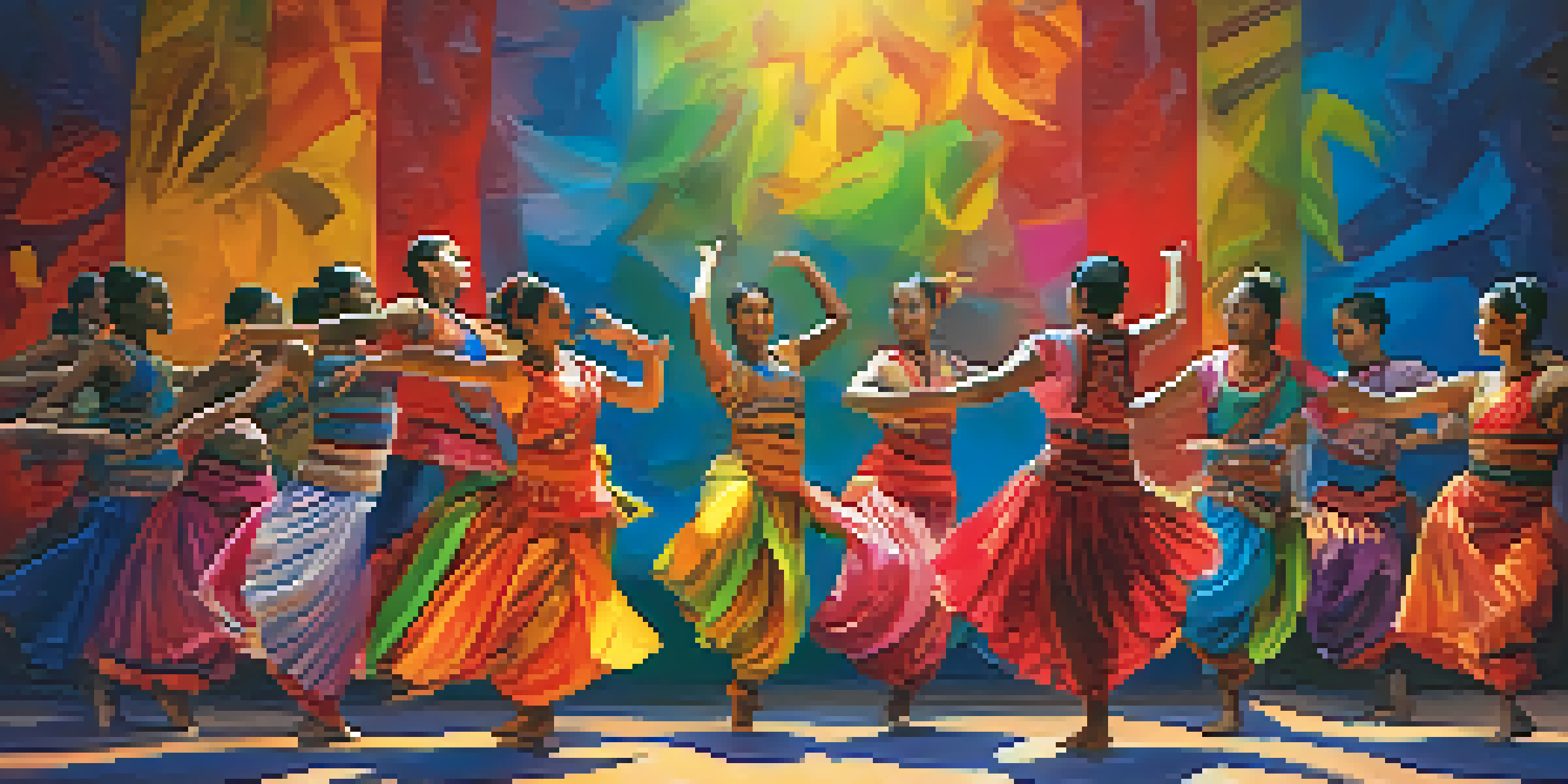 A contemporary dance performance with diverse dancers in colorful costumes, illuminated by vibrant stage lights, against a mural of global dance traditions.