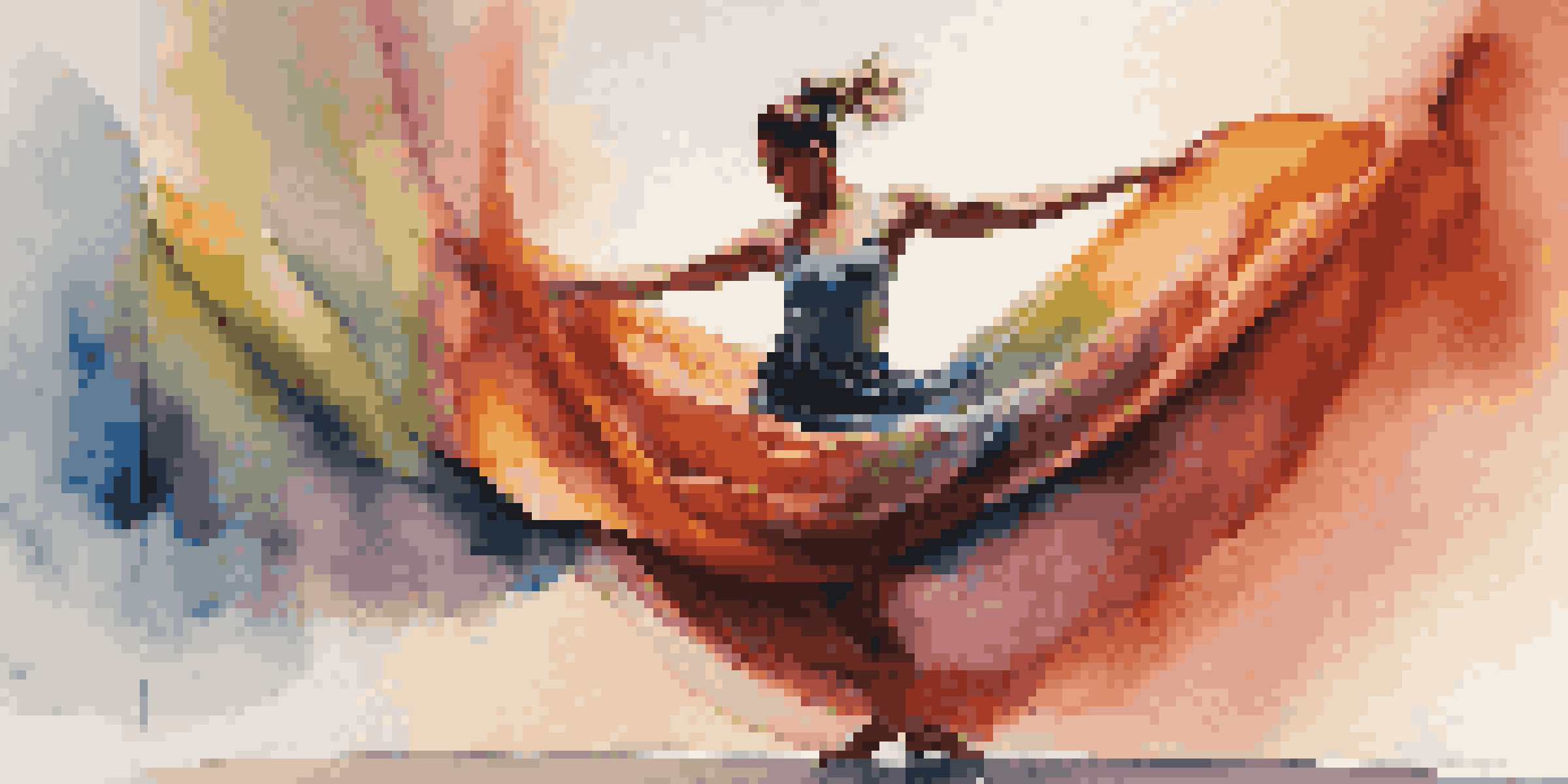 A contemporary dancer in mid-air, expressing emotion through dynamic movements on a brightly lit stage with colorful lighting.