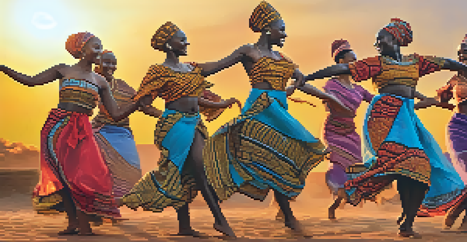 A group of dancers in colorful traditional African attire dancing joyfully in a circle outdoors during sunset.