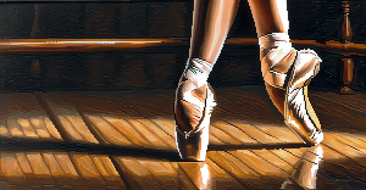A close-up view of a ballet dancer's feet in shoes performing a graceful pose on a wooden stage, highlighting the elegance and artistry of dance.