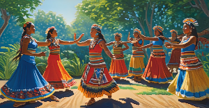 A group of Indigenous dancers in colorful traditional attire performing a dance in a green outdoor setting, with sunlight filtering through the trees.