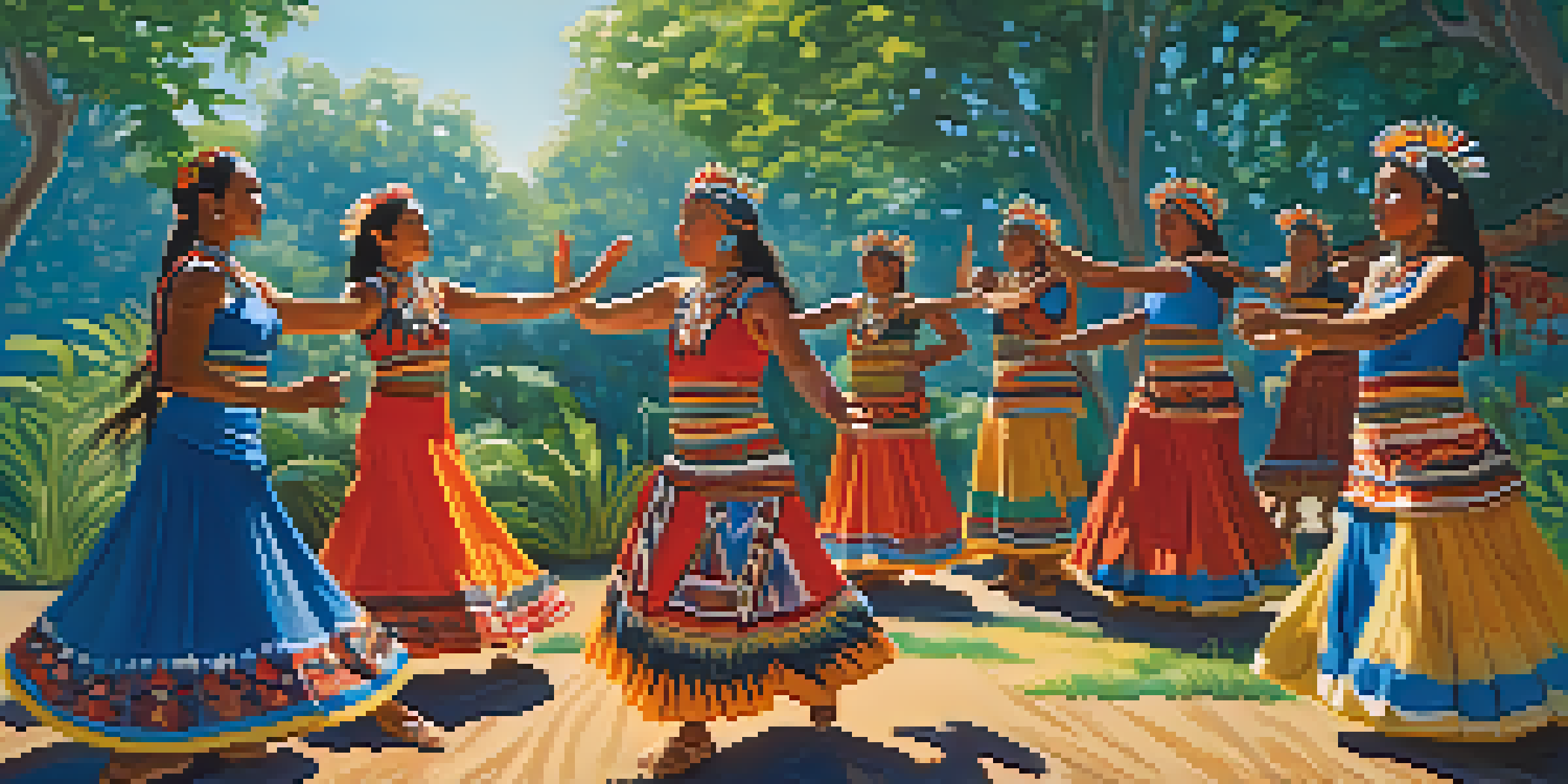 A group of Indigenous dancers in colorful traditional attire performing a dance in a green outdoor setting, with sunlight filtering through the trees.