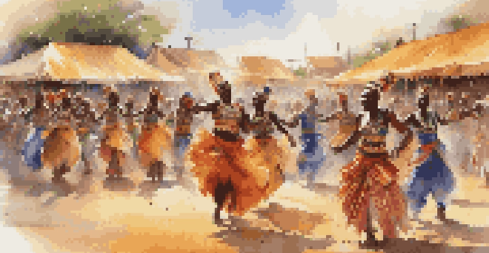 A lively dance festival in Africa with performers in colorful traditional costumes dancing energetically, surrounded by an enthusiastic audience.