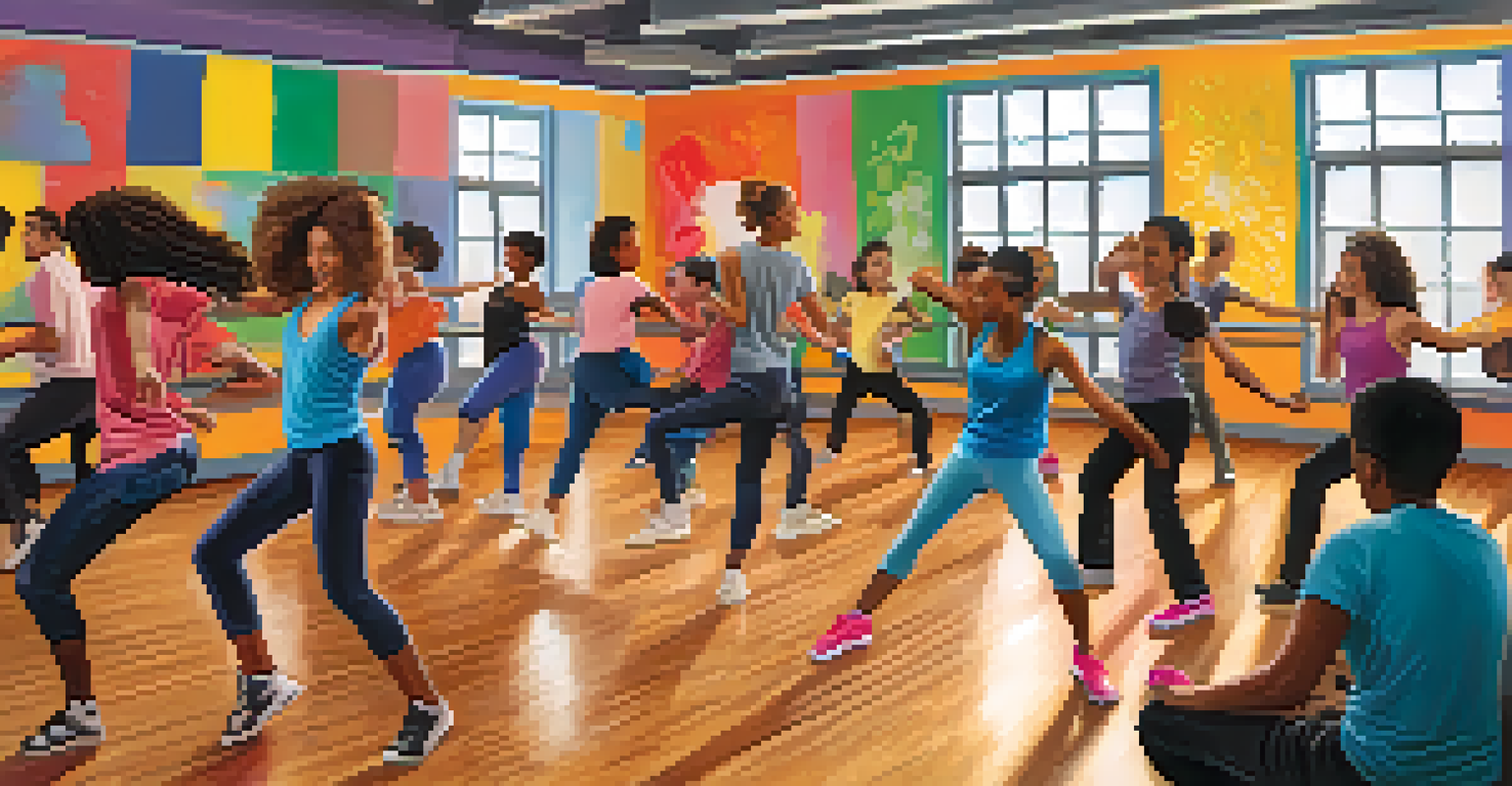 A vibrant dance class with diverse participants learning new moves, led by an instructor in a lively studio.