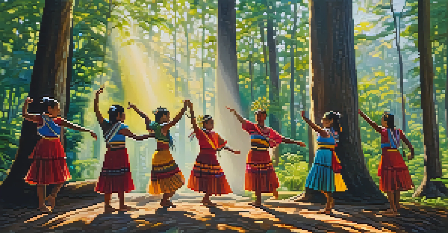 Young Indigenous dancers practicing traditional dance movements in a lush forest clearing, surrounded by greenery and sunlight.