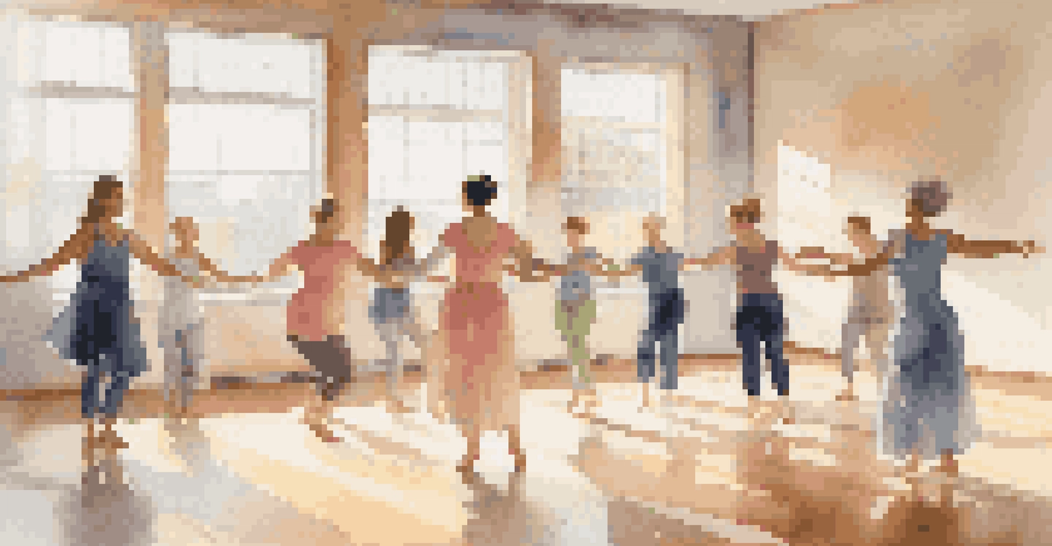 A calming dance therapy session with participants moving expressively in a sunlit studio filled with soft colors.