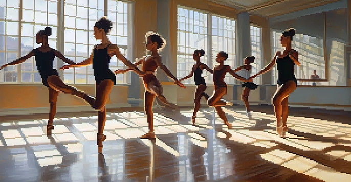 A diverse group of dancers performing in a bright studio, showcasing different dance styles with joy and movement.