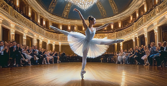 A ballet dancer in mid-leap, illuminated by warm stage lights, with a blurred audience in the background.