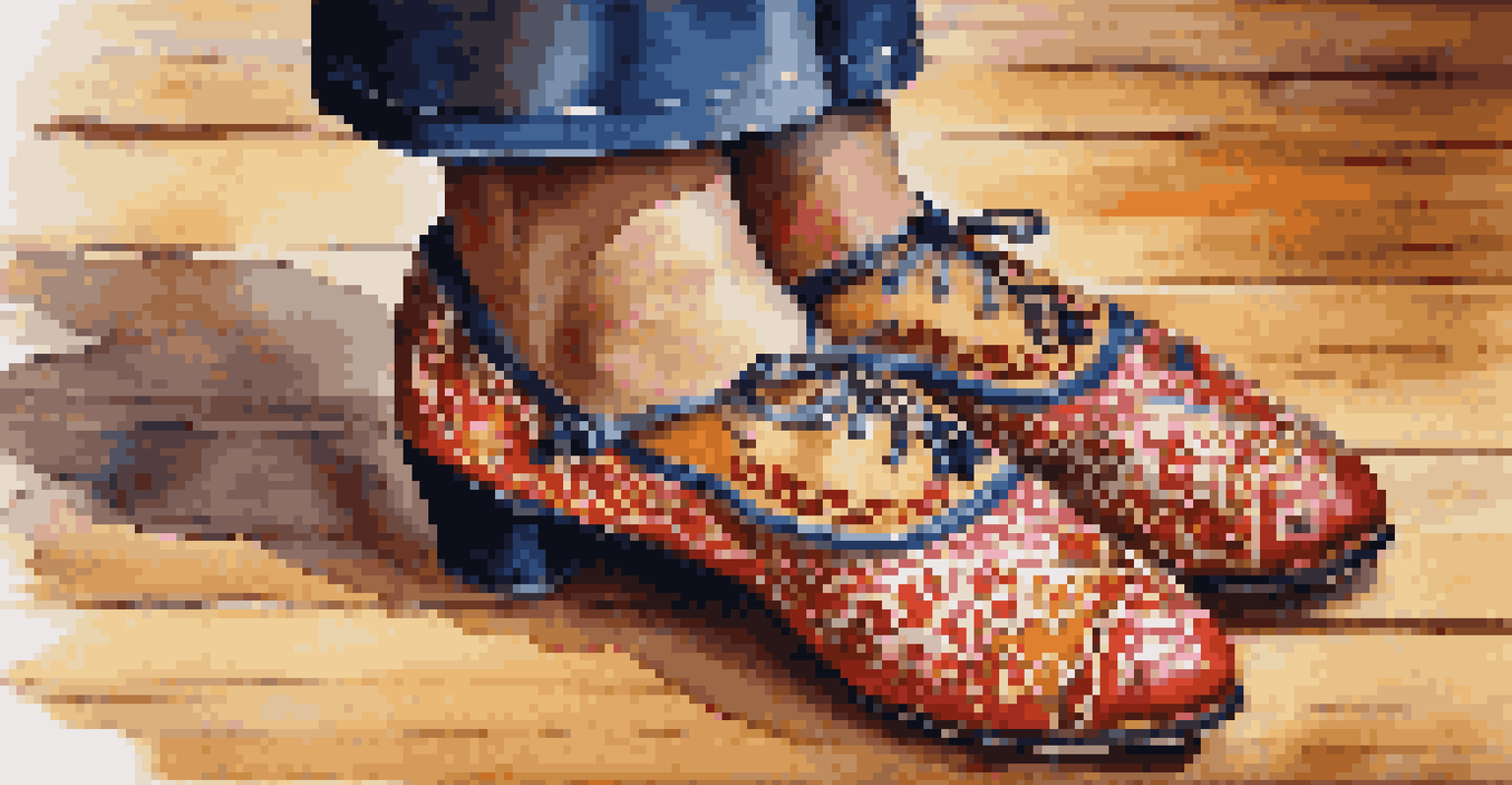 A close-up of traditional folk dance shoes adorned with intricate patterns, placed on a wooden floor with musical instruments around.