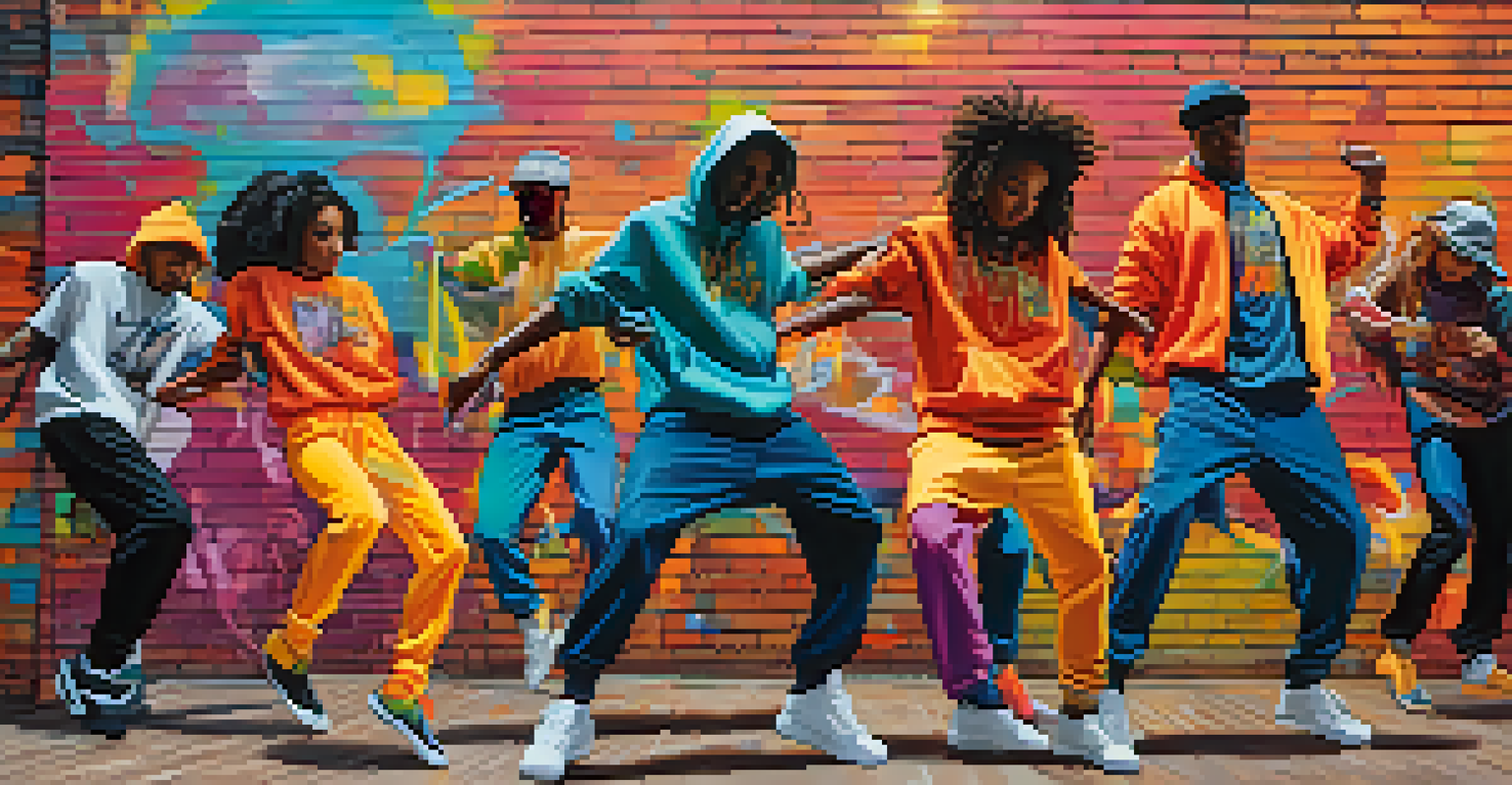 A group of hip-hop dancers in colorful outfits performing against a graffiti-covered urban backdrop.