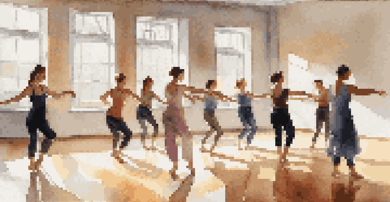 A dance workshop in a bright studio, featuring participants practicing with a teacher, reflected in mirrors with warm natural light.