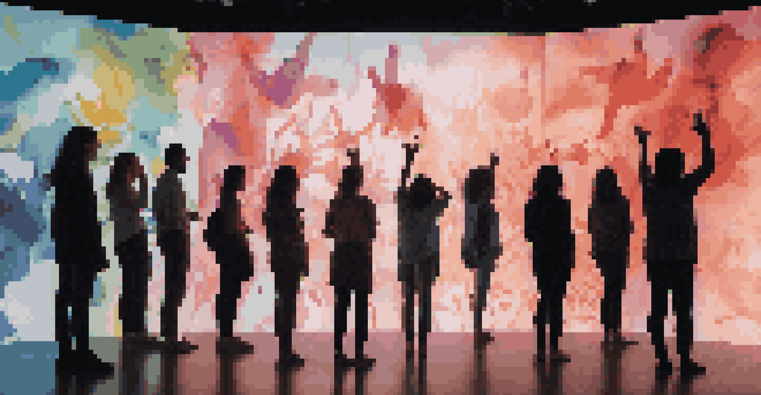 A close-up of audience members interacting with digital projections in a dance installation, their silhouettes illuminated by vibrant colors and abstract shapes.