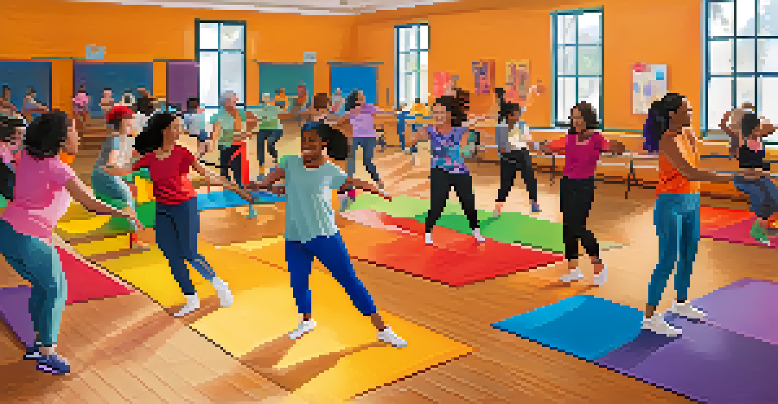 A lively dance therapy class with individuals of various abilities participating together, highlighting community and inclusivity.