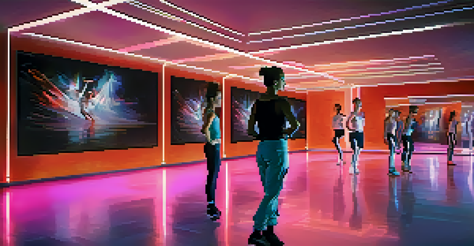 Inside a modern dance studio, choreographers utilize motion capture technology to visualize dance movements, surrounded by colorful screens and high-tech gear.