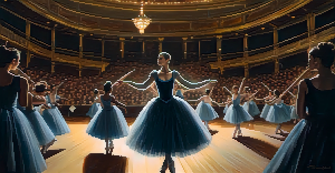 A dance critic observing a ballet performance in a theater, surrounded by notebooks, with dancers illuminated on stage.