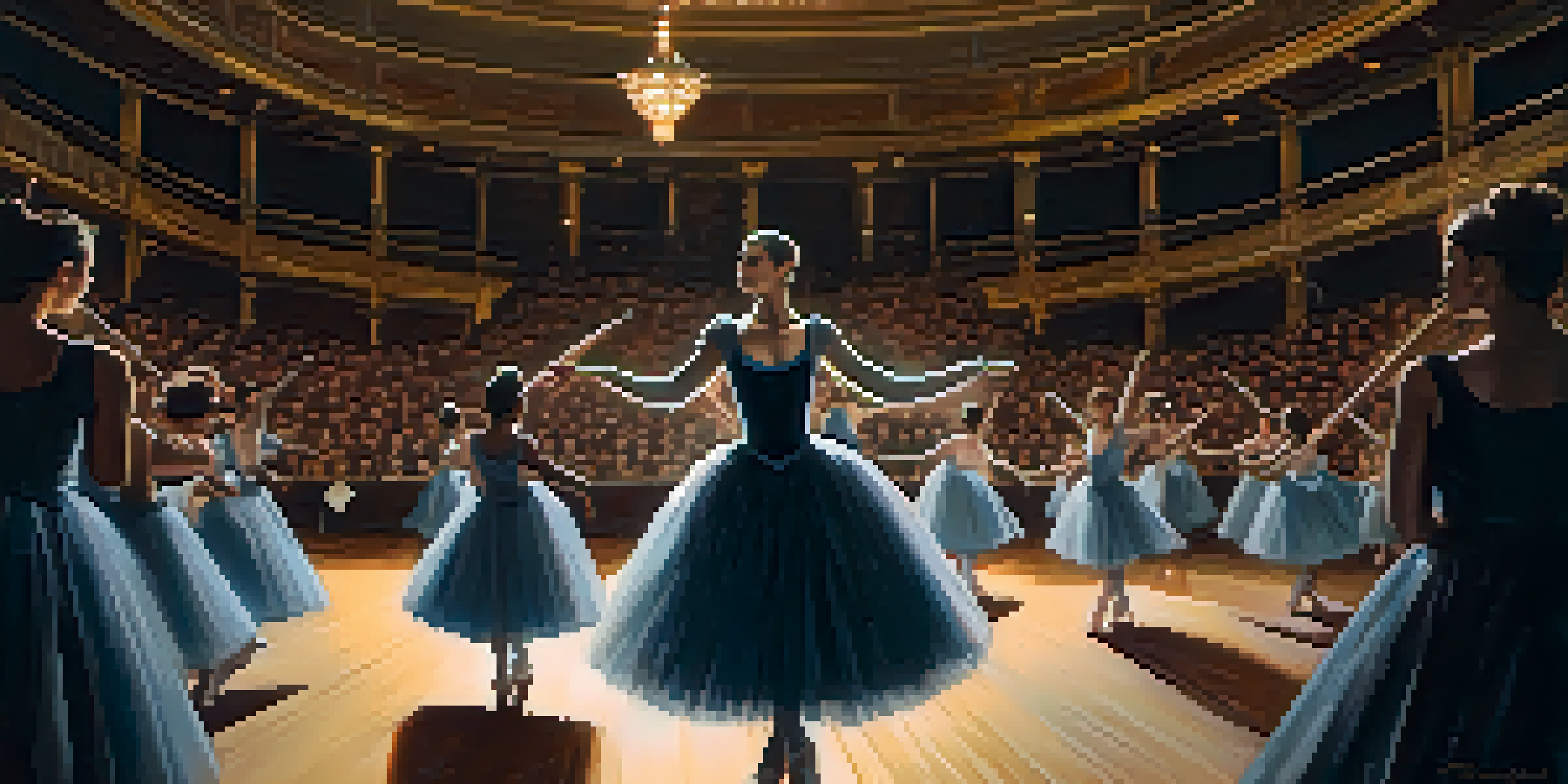 A dance critic observing a ballet performance in a theater, surrounded by notebooks, with dancers illuminated on stage.