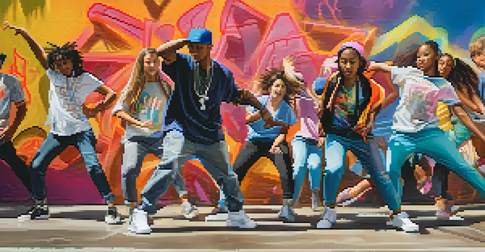 A group of young dancers of different ethnicities performing a hip-hop dance in front of a colorful graffiti wall, displaying energy and creativity.