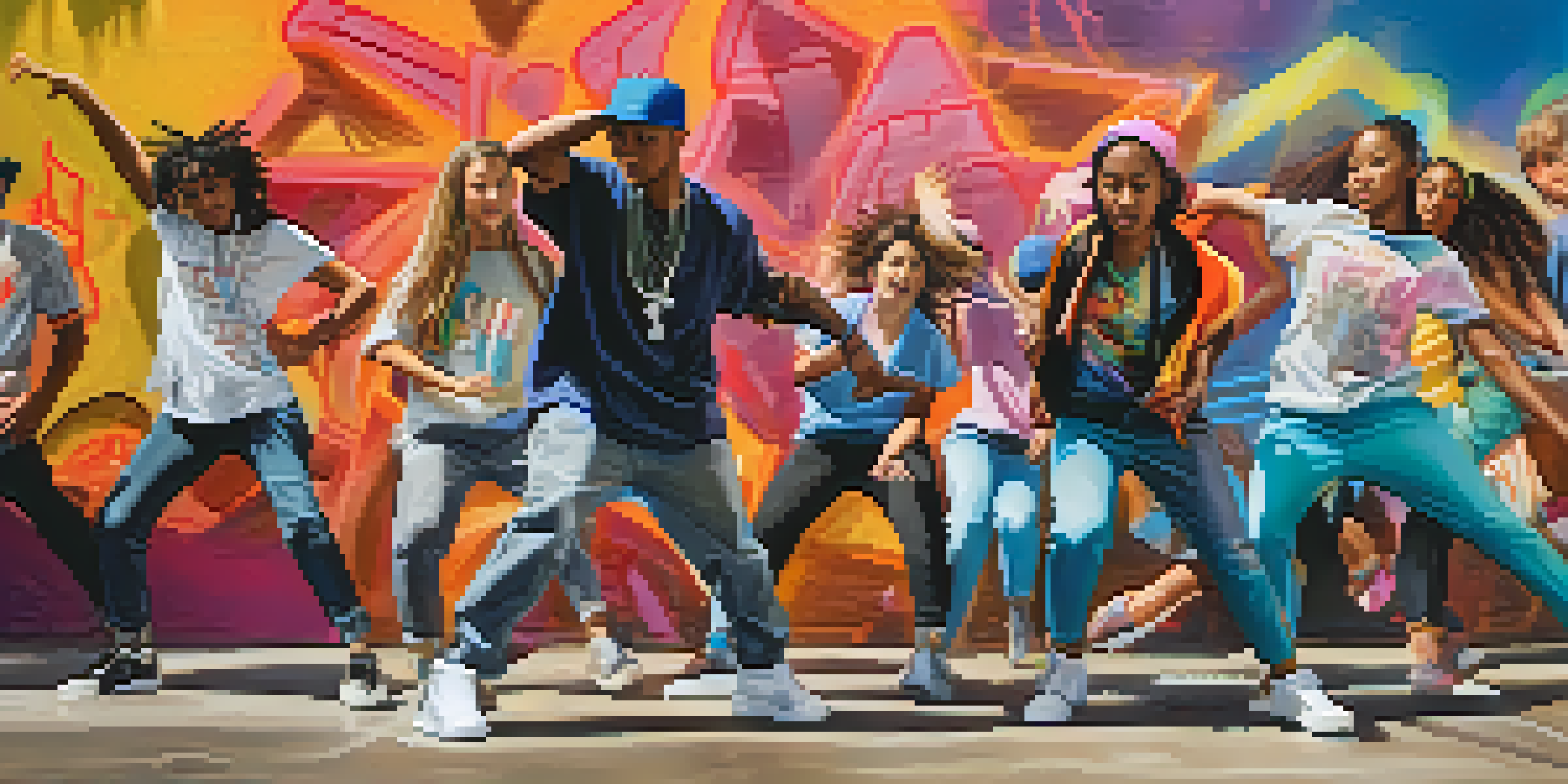 A group of young dancers of different ethnicities performing a hip-hop dance in front of a colorful graffiti wall, displaying energy and creativity.
