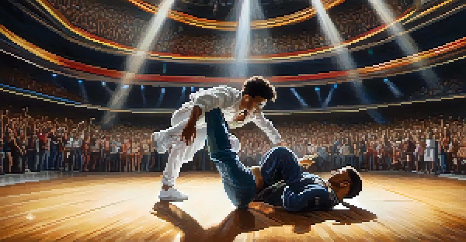 Two breakdancers competing on stage, showcasing their skills with a cheering audience in the background. Bright lights and a polished floor highlight the dynamic performance.