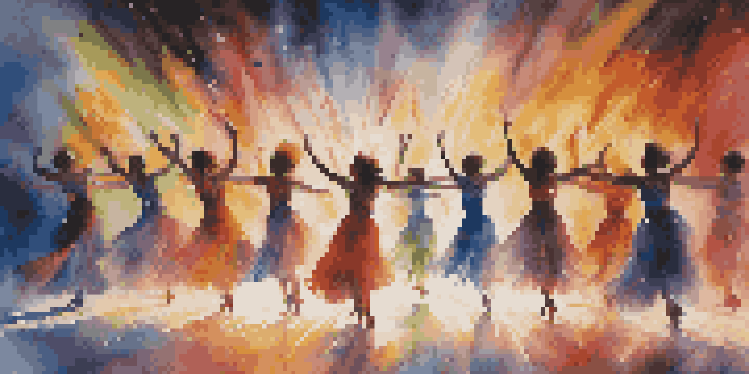 A group of dancers performing on stage with colorful lights and digital projections in the background, showcasing a blend of movement and visual art.