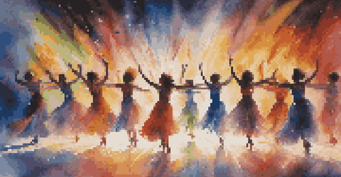 A group of dancers performing on stage with colorful lights and digital projections in the background, showcasing a blend of movement and visual art.