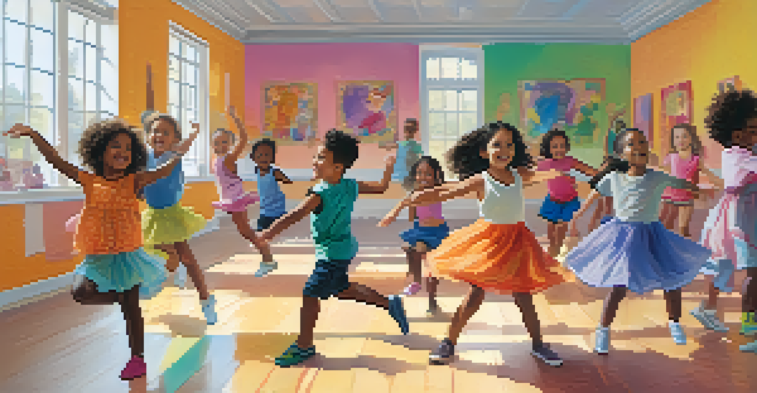 Children from diverse backgrounds happily participating in a dance class in a colorful studio filled with mirrors and artworks, all moving together under soft lighting.