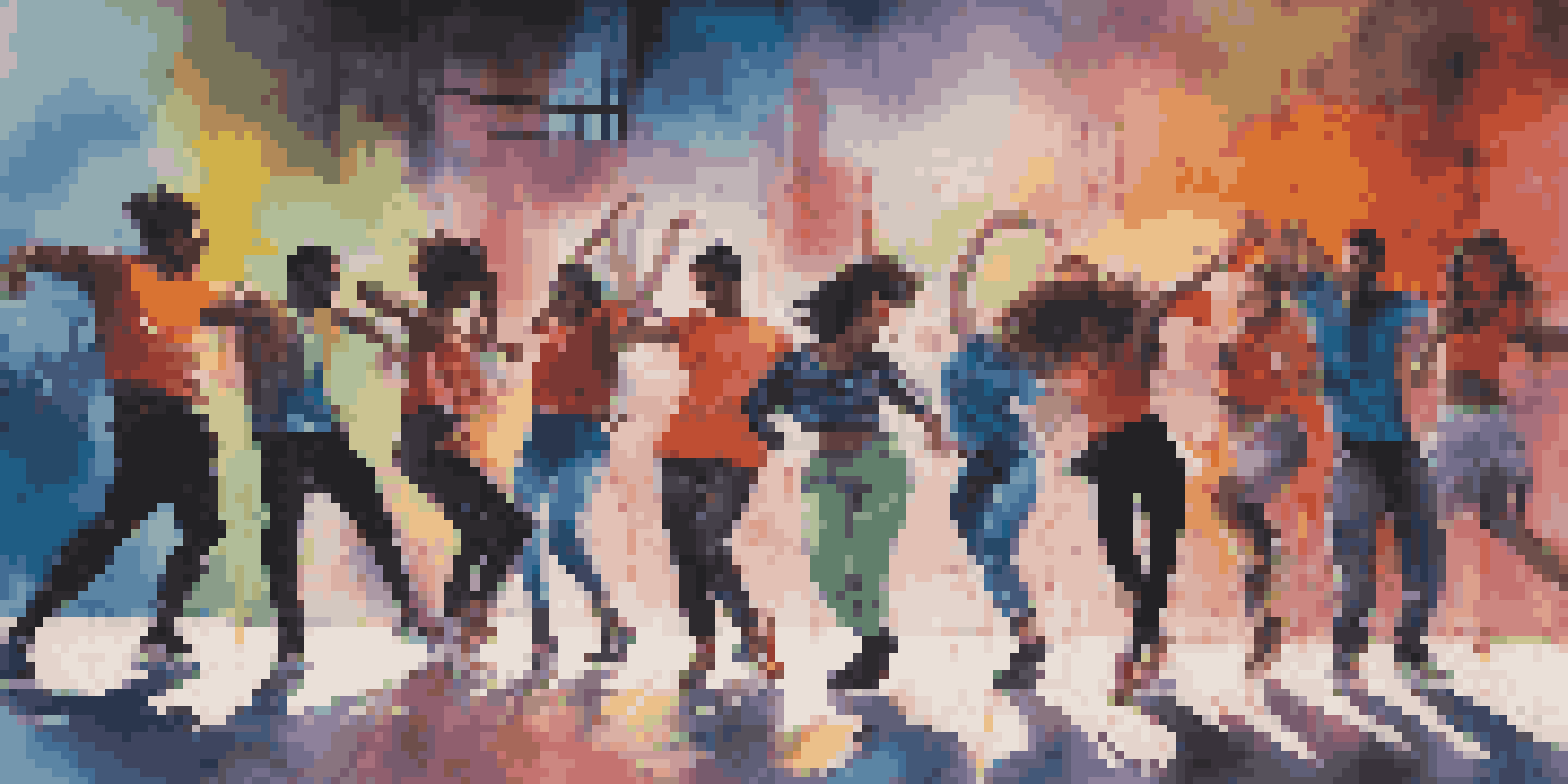 A group of dancers in stylish streetwear performing against a colorful graffiti wall in an urban setting.