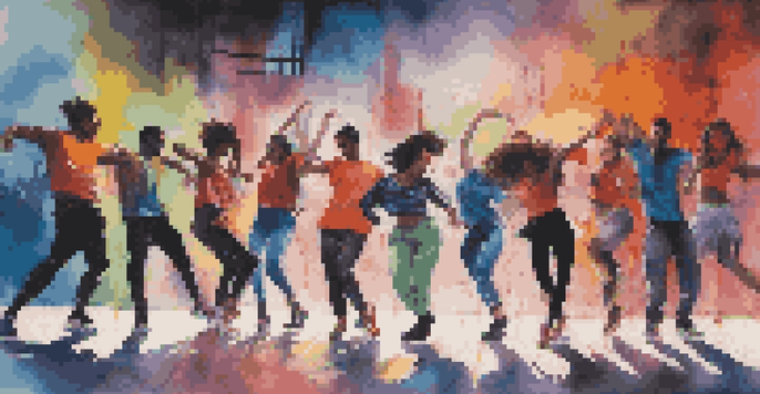 A group of dancers in stylish streetwear performing against a colorful graffiti wall in an urban setting.