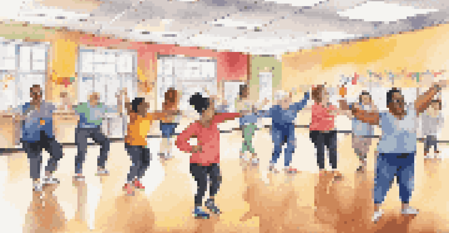 An inclusive dance class with students of all abilities practicing together under the guidance of a teacher.