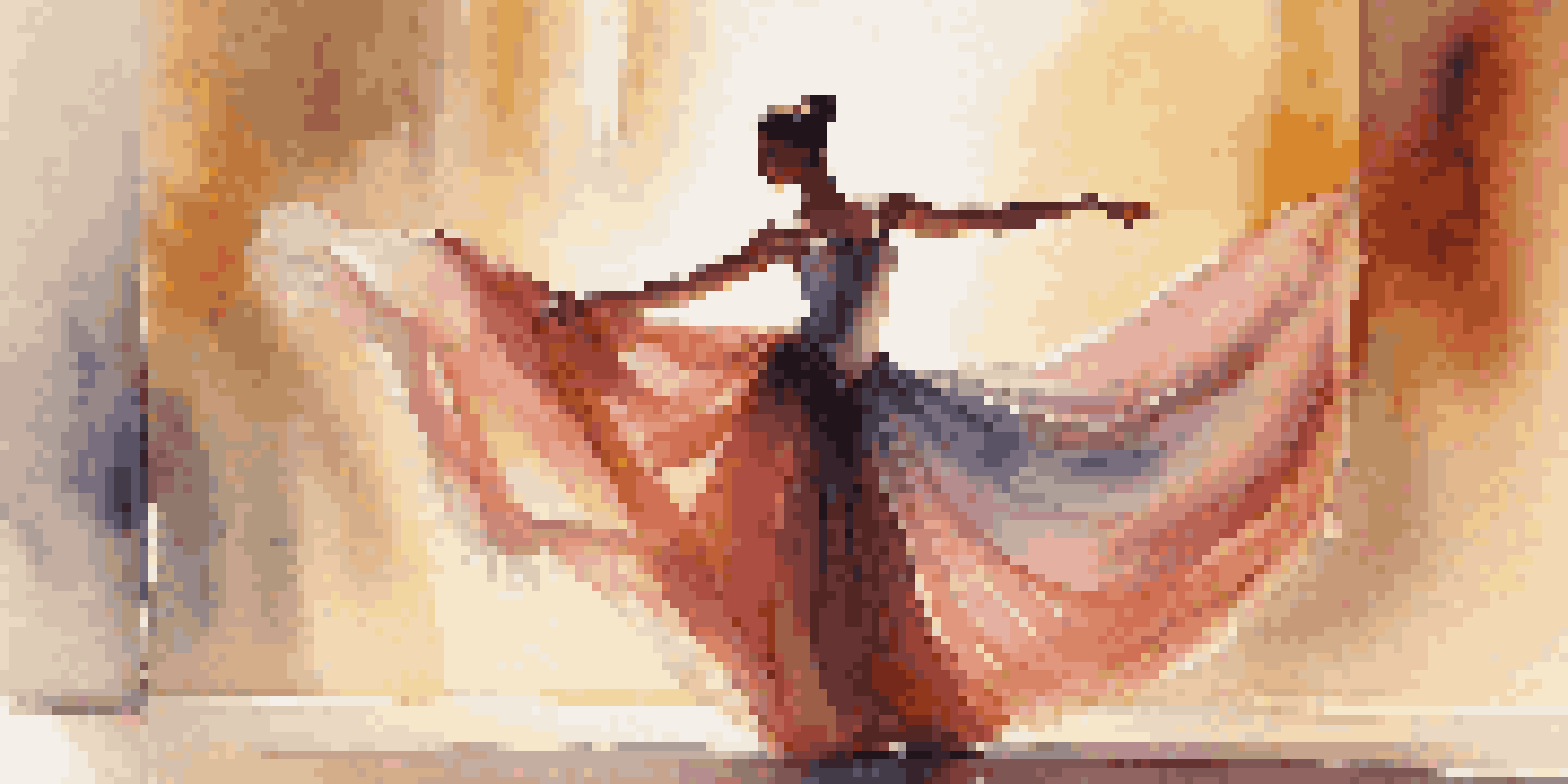 A ballet dancer in an elegant pose on stage, illuminated by soft sunlight, with flowing fabric and a colorful blurred backdrop.