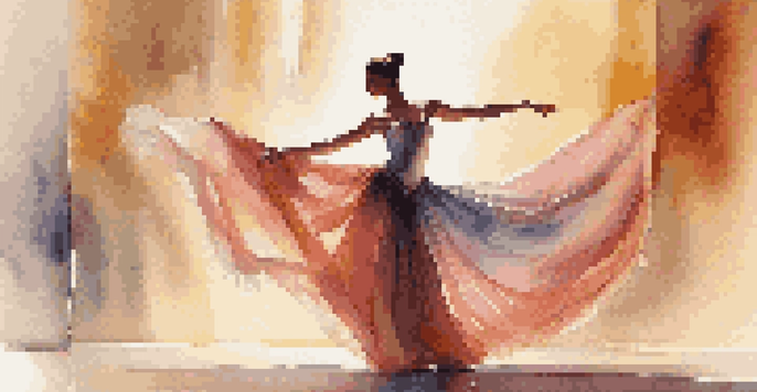 A ballet dancer in an elegant pose on stage, illuminated by soft sunlight, with flowing fabric and a colorful blurred backdrop.