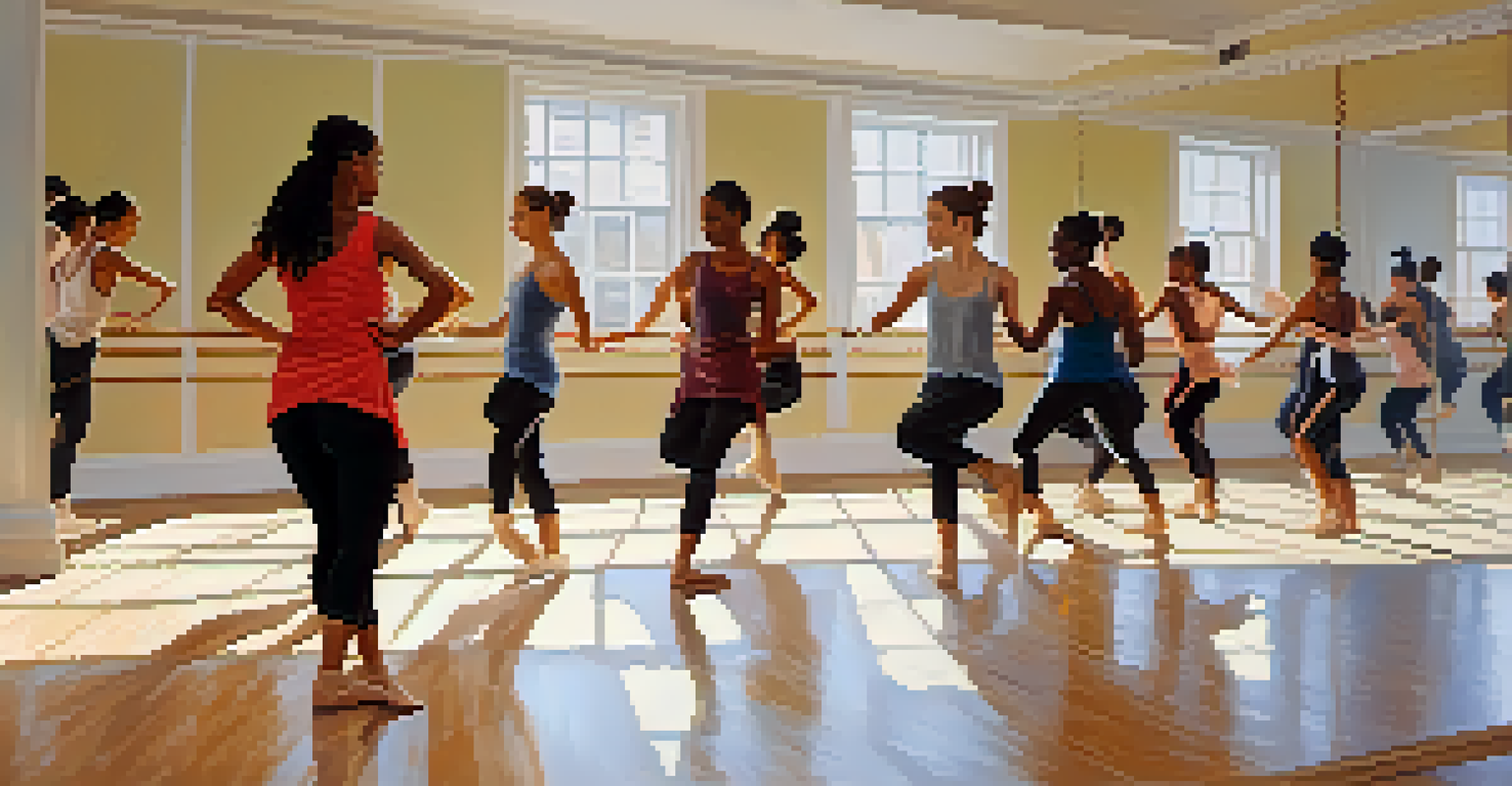 A diverse group of dancers practicing in a studio with mirrors, representing various cultural backgrounds and styles.