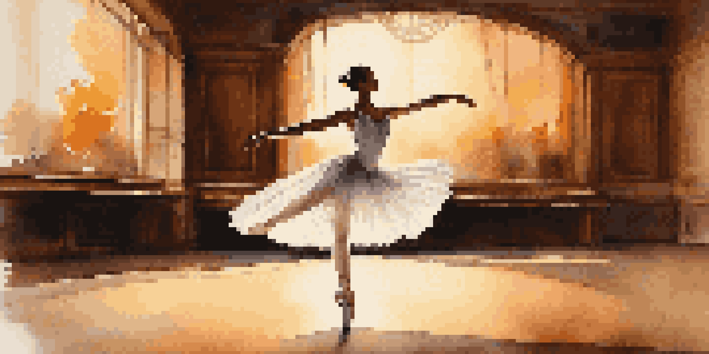 A ballet dancer in a white tutu performing a pirouette on stage with warm lighting and shadows.