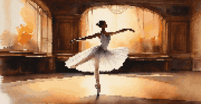 A ballet dancer in a white tutu performing a pirouette on stage with warm lighting and shadows.