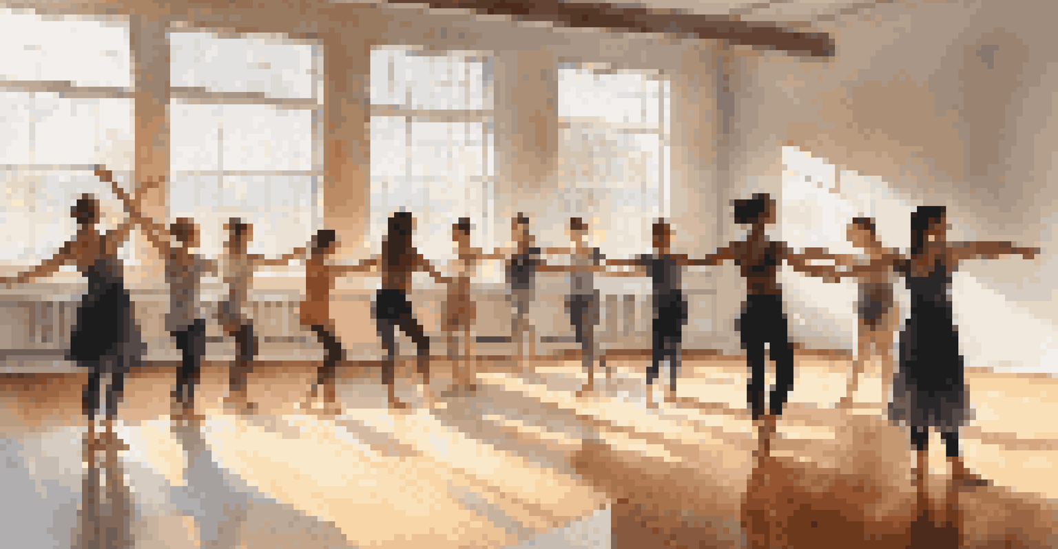 A dance workshop in a bright studio with students learning from a professional dancer, sunlight streaming through windows.