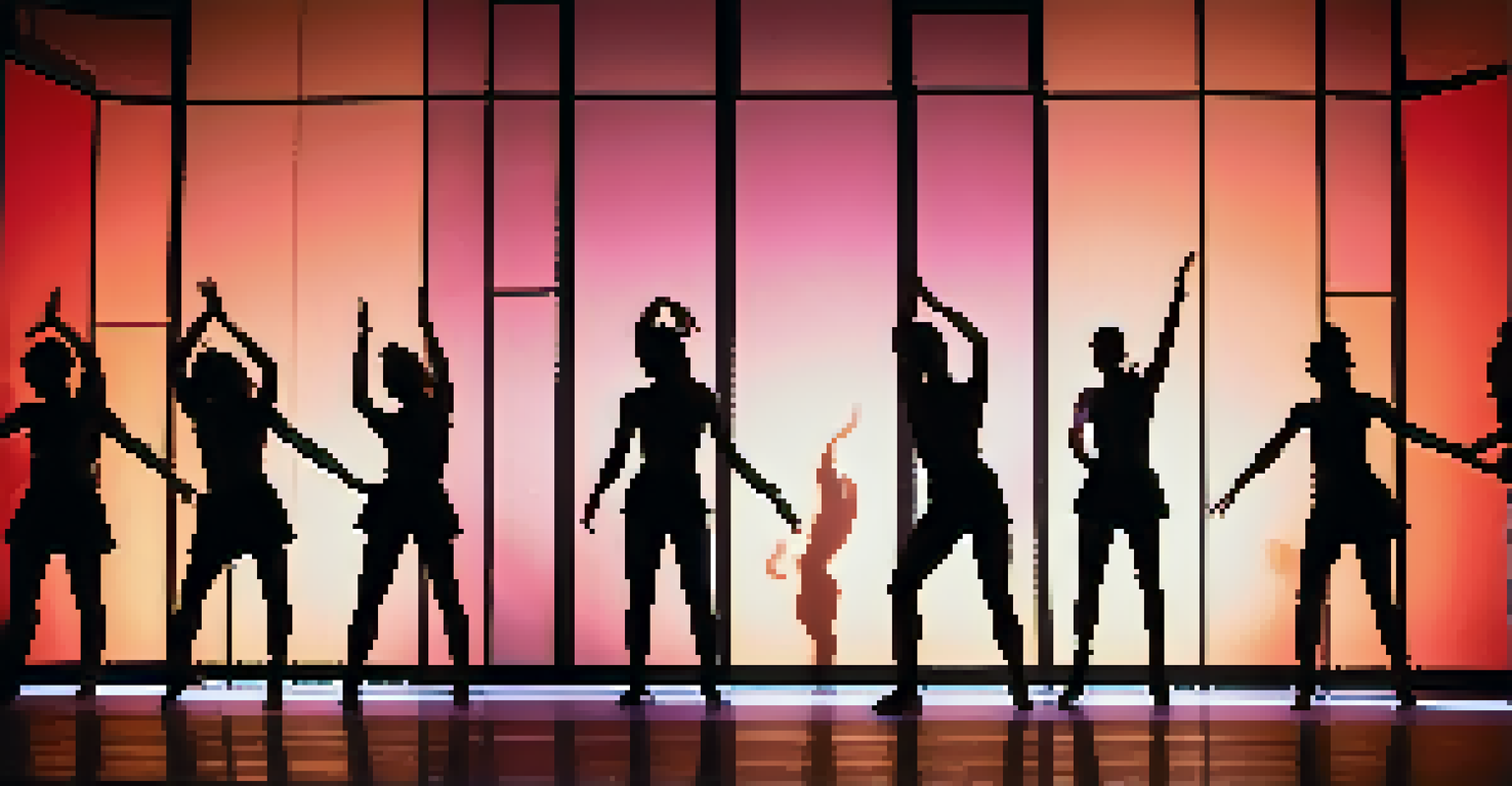 Dancers in silhouette performing on stage with vibrant light projections, creating a dramatic visual experience.