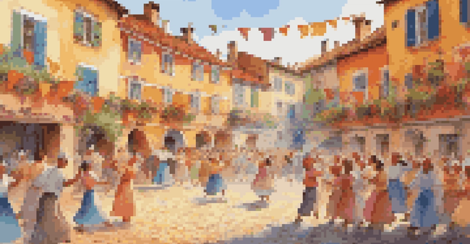 A lively animated village square filled with characters dancing joyfully under the sun, with colorful decorations and a warm atmosphere.