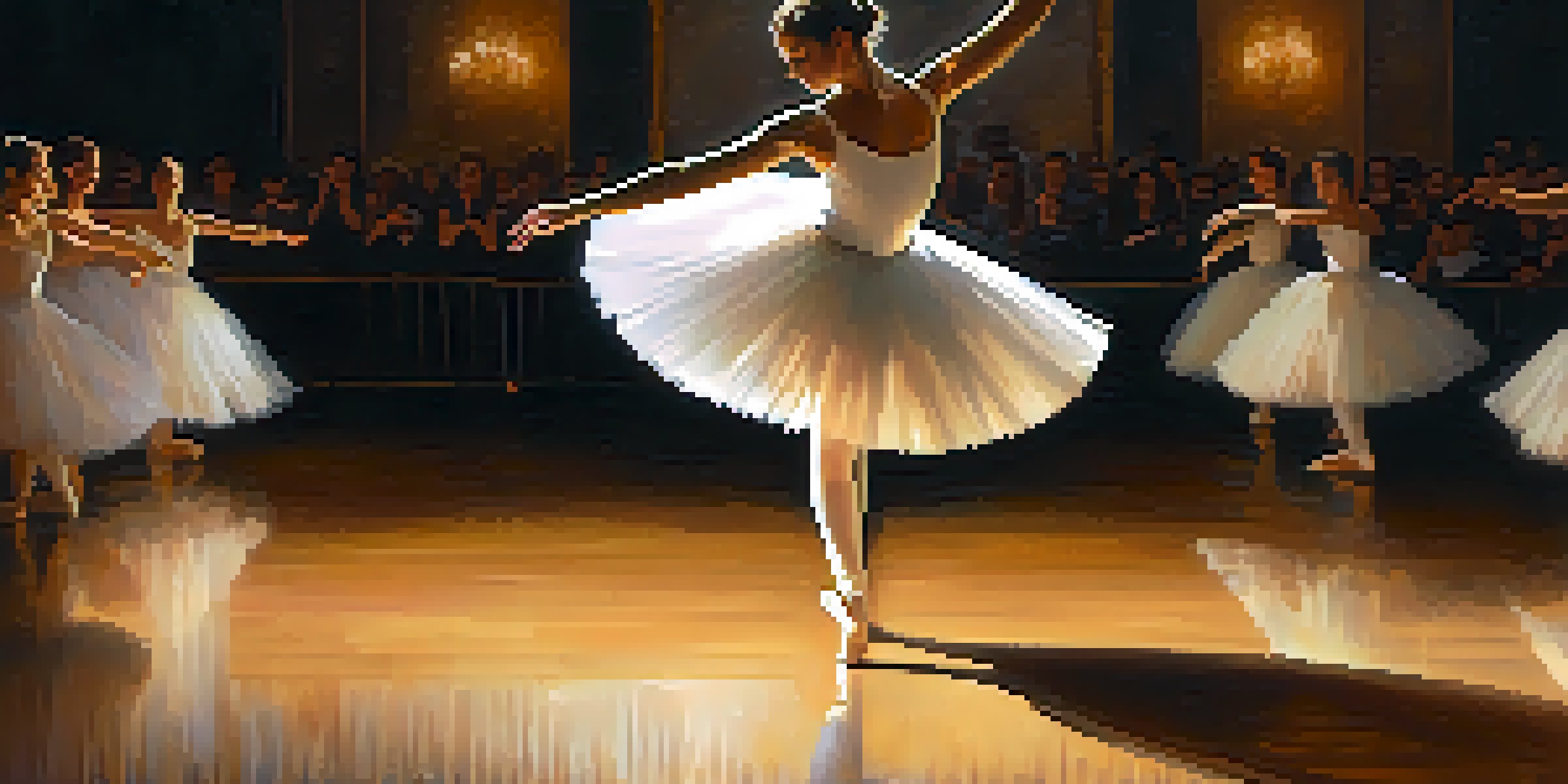 A ballet dancer performing a pirouette in a white tutu on a softly lit stage with a blurred audience in the background.