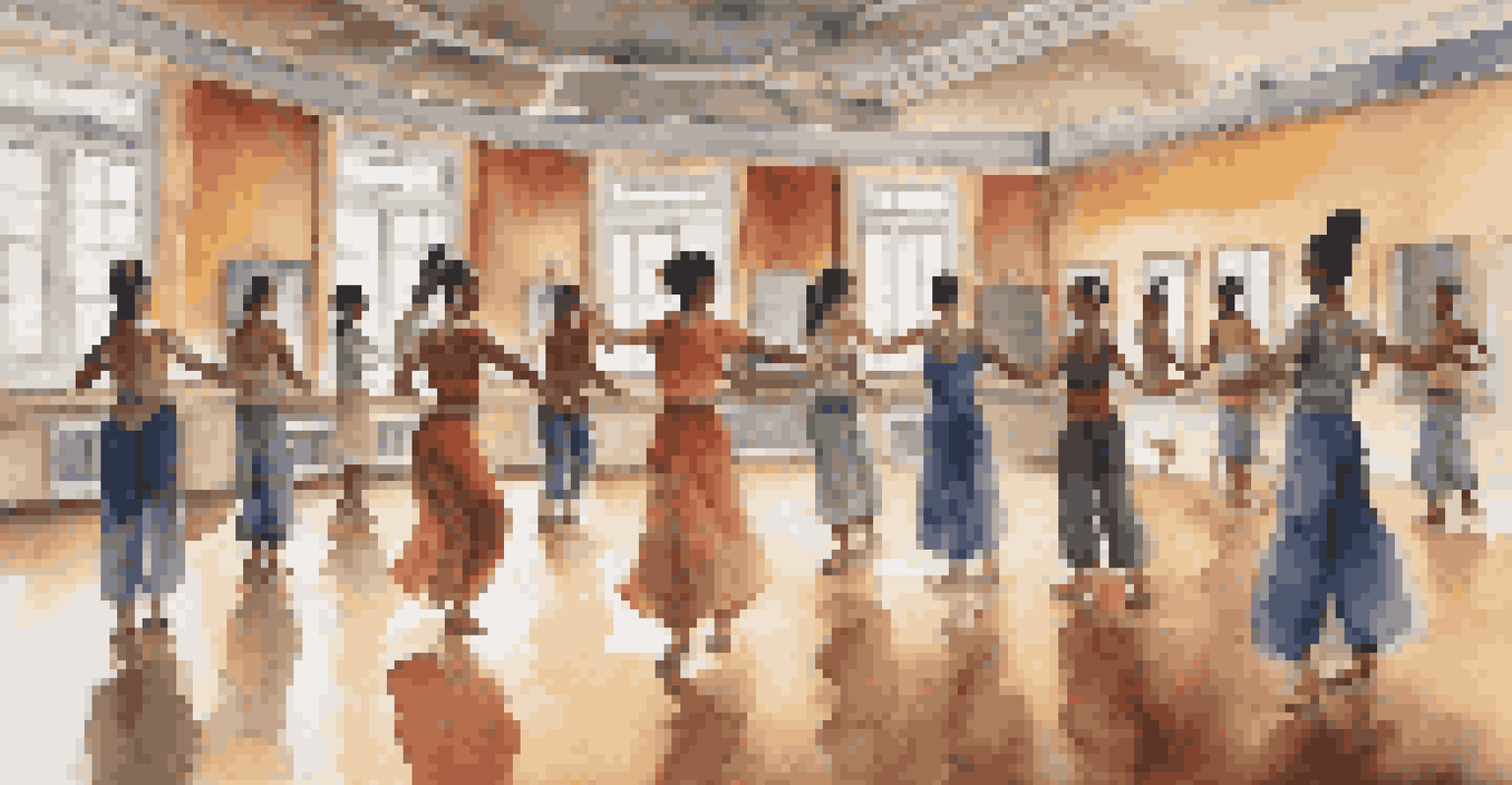 A diverse group of dancers participating in a workshop, learning traditional dance steps from an instructor in a mirrored studio surrounded by cultural artifacts.