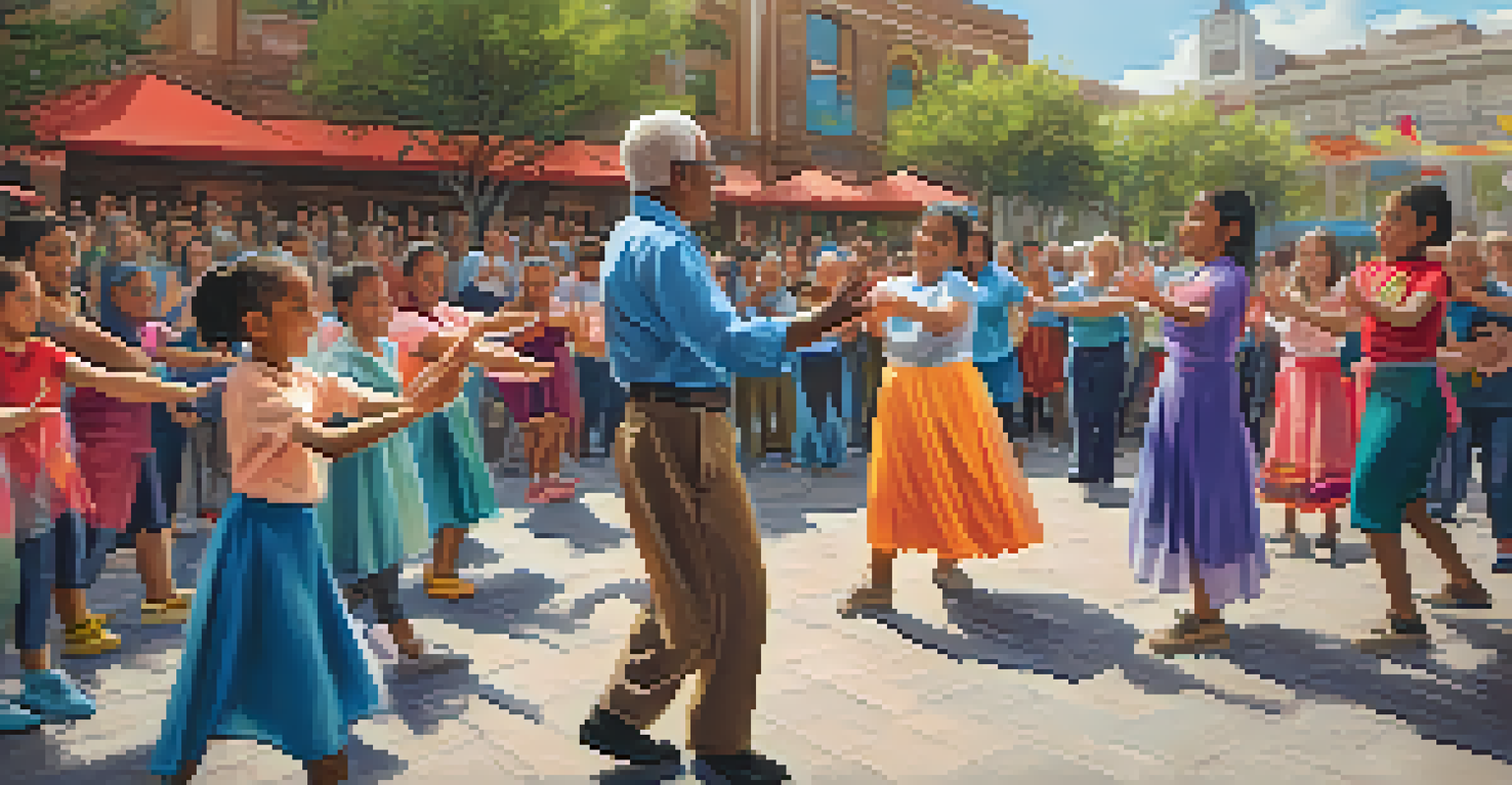 A vibrant dance workshop in a public plaza with people of all ages participating and enjoying the cultural celebration.