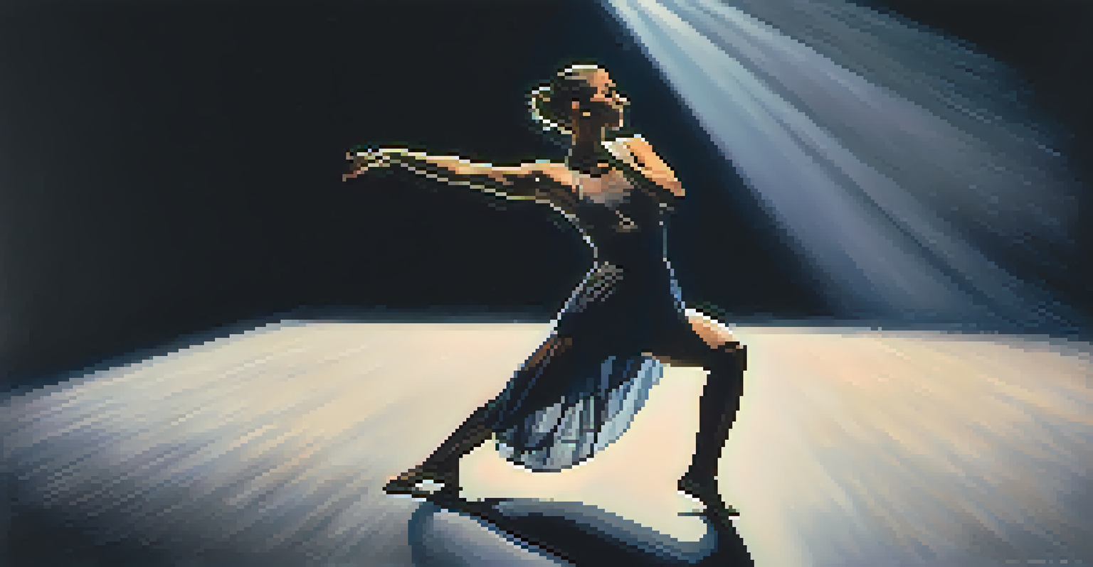A solo contemporary dancer illuminated by a spotlight on a dimly lit stage, expressing deep emotions through movement.