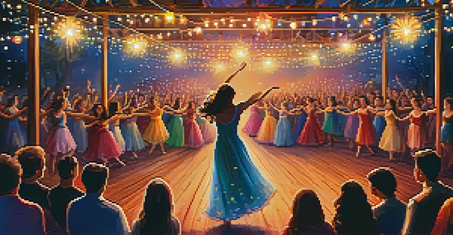 A nighttime dance performance at a festival, with illuminated dancers and an engaged audience under a starry sky.